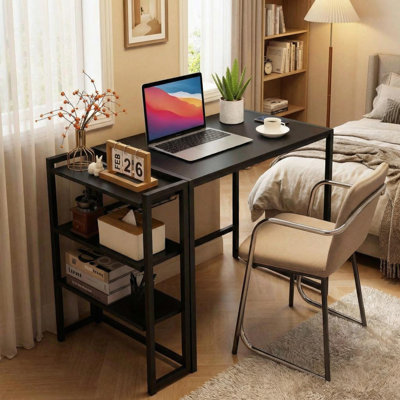 Folding Desk, 35 Inch Foldable Computer Desk with Storage Shelf, Small Computer Desk for Small Spaces, No Assembly Writing Table for Home Office Bedroom Dorm, Black