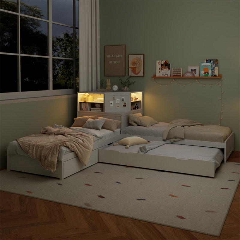 Lit simple en L avec lit gigogne et tiroir en forme de L, lit plateforme en coin bas 3-en-1 avec bureau intégré et éclairage à DEL