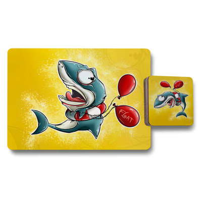 Shark With Balloons Placemat And Coaster Set Wood Base High End Print Designer Artwork Collection Exclusive