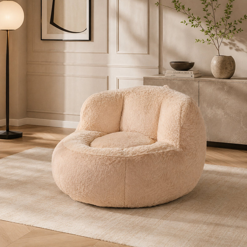 Fauteuil à billes avec coussin en peluche écologique pour le salon / salle de jeux, Fausse fourrure beige