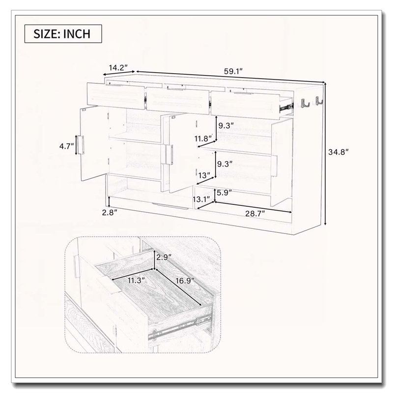 Armoire d'appoint avec 3 tiroirs et 4 portes, Naturel