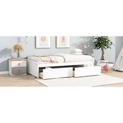 Bois d'hévéa massif, lit simple, 2 tiroirs, conception moderne, tiroirs à roulettes, solutions de rangement pour chambre à coucher, structure minimaliste en bois, roulement silencieux pour la literie et les accessoires