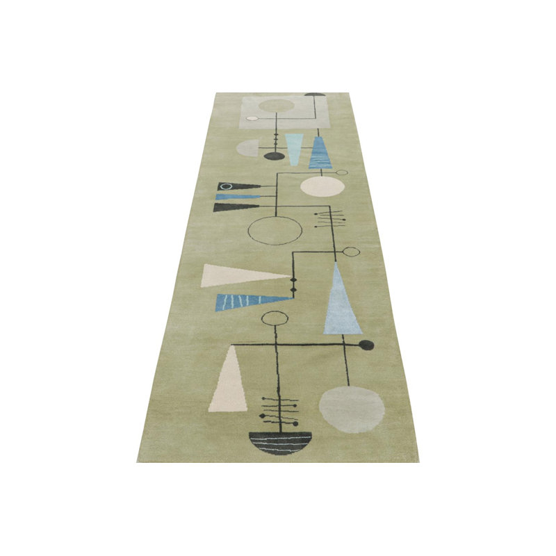 Mid Century Modern Hand Knotted Wool Geometric Area Rug, Runner 2'6" x 8'