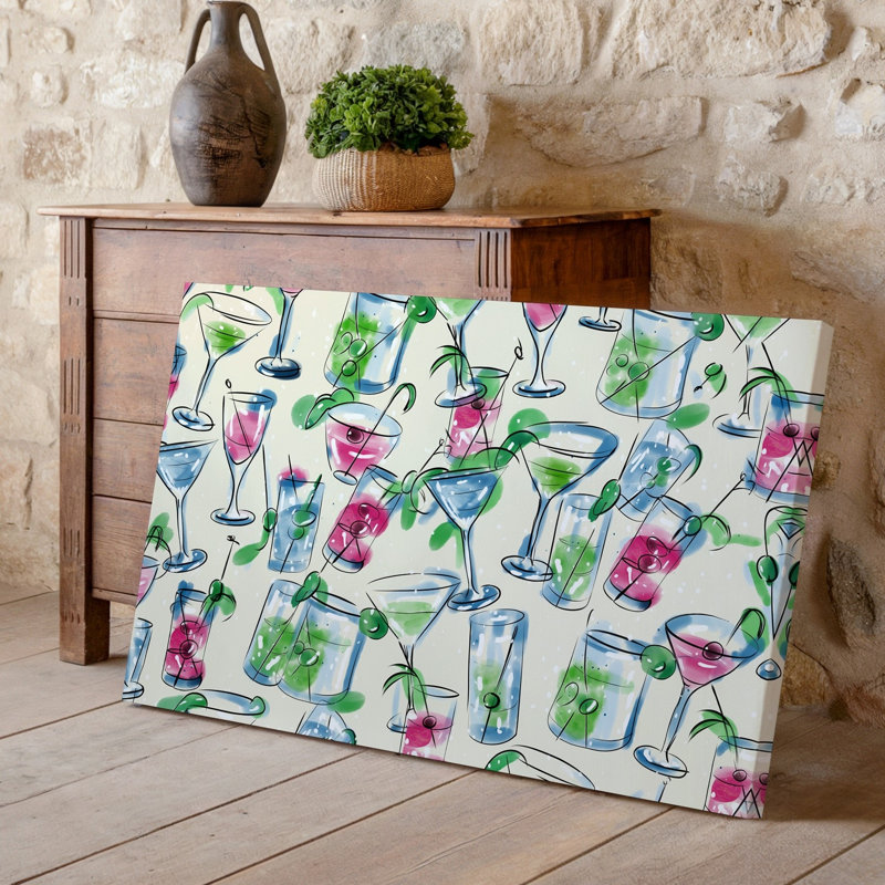 La toile crée un motif sans couture avec un assortiment de verres à cocktail élégants, y compris des verres à martini et à verres à whisky