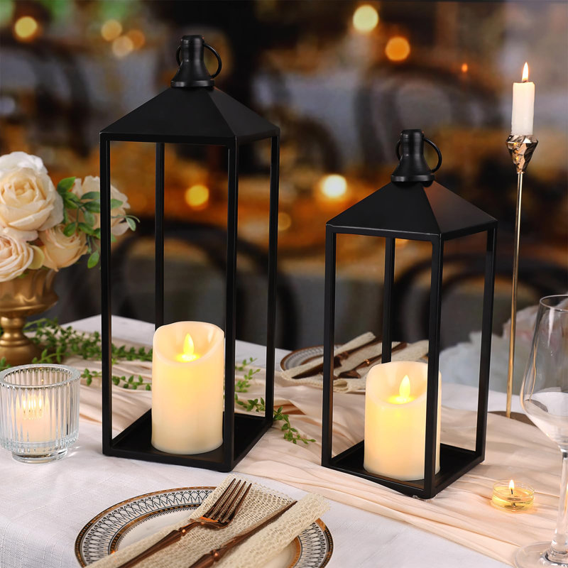Lanterns Decorative Outdoor Indoor, Set Of 2 Black Vintage Lantern With LED Pillar Candle, Modern Farmhouse Lantern Decor For Room, Christmas Lanterns Decorative For Porch, Garden