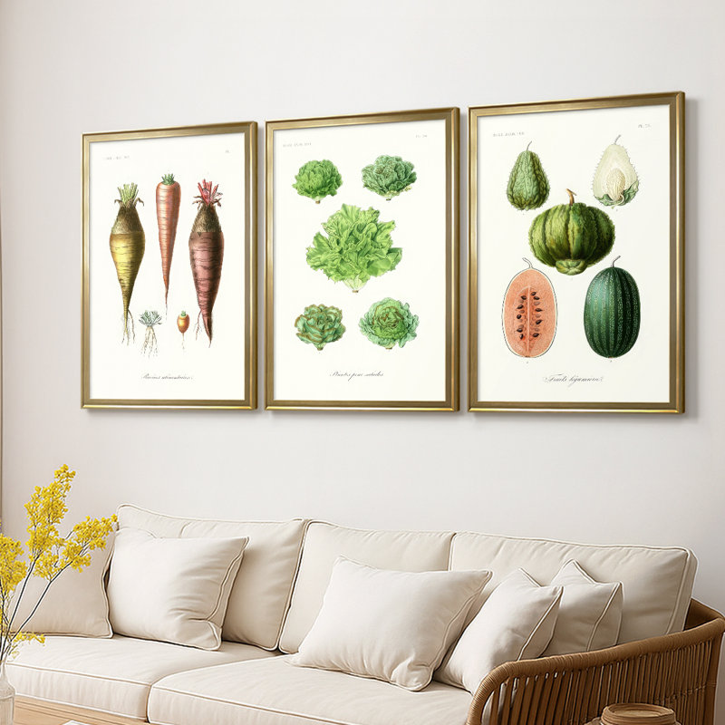 Fruit et légume Variétés VI - Toile tendue sur mesure avec châssis, 3 pièces, H 19 po x l 27 po, Doré