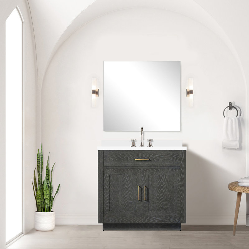 Meuble-lavabo simple en chêne noir l 36 po x P 22 po, comptoir en quartz blanc, robinet et Miroir - installation rapide 36 W 22 P avec dessus, installation simplifiée