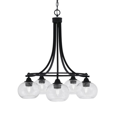 Paramount 5 Light Downlight Chandelier Shown In Matte Black Finish With 7" Clear Bubble Glass