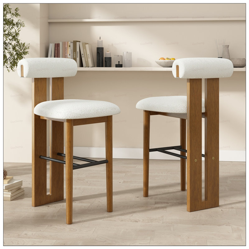 Tabouret de bar intérieur en bois Renee, finition noyer et revêtement blanc, confort ergonomique et design polyvalent, Blanc