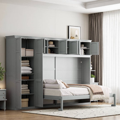 Queen Size Murphy Bed Wall Bed with Cabinets in Gray – Transform Space into Serenity
