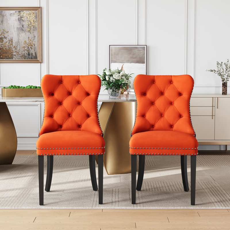 High-End Tufted Dining Chair Set, Velvet Upholstery With Nailhead Trim And Back Pull Ring, Solid Wood Legs, 4, Orange/Black