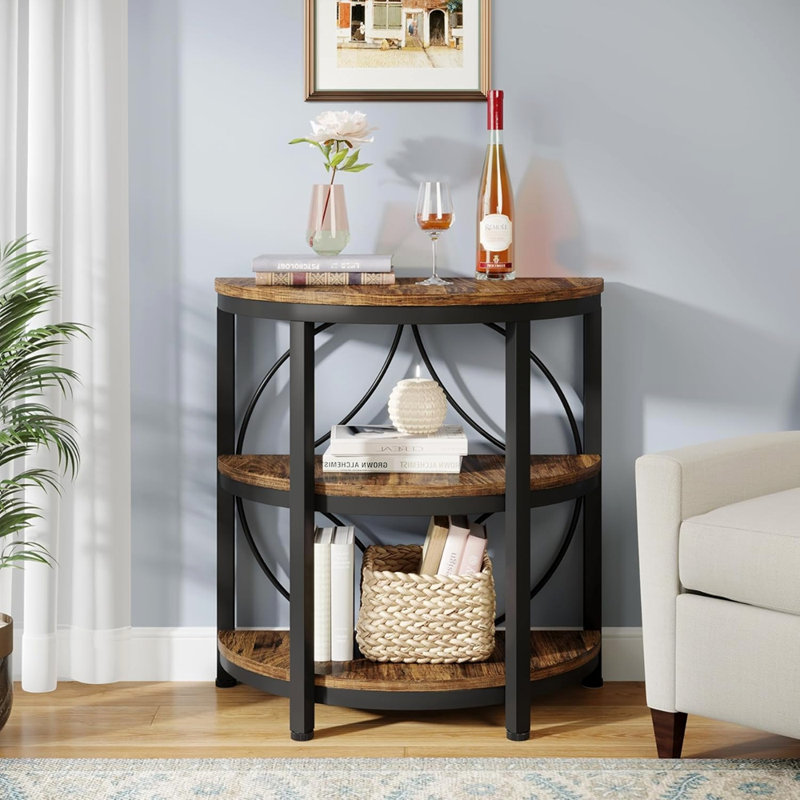 23.62” Industrial 3-Tier Half Moon End Table - Rustic Brown Wood & Black Metal Side Table with Storage Shelves - Space-Saving Semi-Circle Accent Table for Living Room, Bedroom, Entryway"