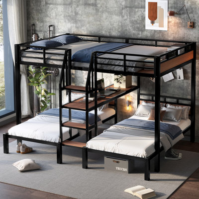 Queen Over Twin & Twin Metal Bunk Bed with Storage Shelves and Stairs