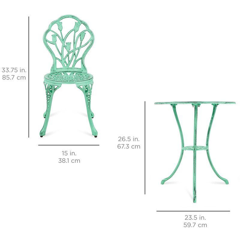 Teal Cast Aluminum Outdoor Bistro Set with Floral Design