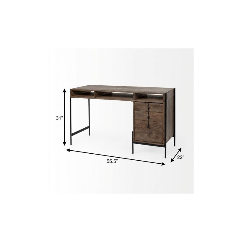 Bureau en bois brun moyen de 56 pouces avec 3 tiroirs et 3 tablettes ouvertes