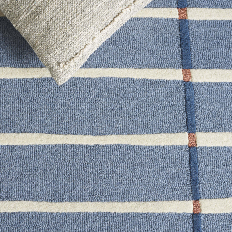 Zoticus Handtufted Wool & Cotton Striped Rug in Blue/Ivory, Round 8'