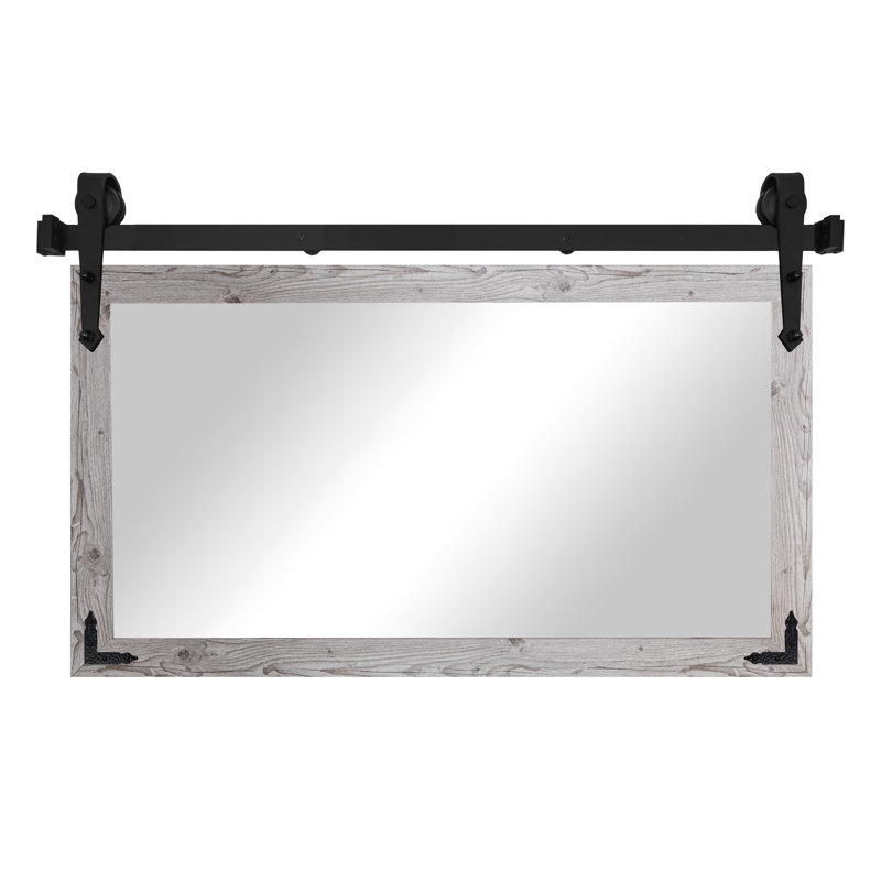 Miroir rustique moderne avec rail de porte de grange en acier et supports de coin décoratifs en métal, 33x38, Blanc patiné