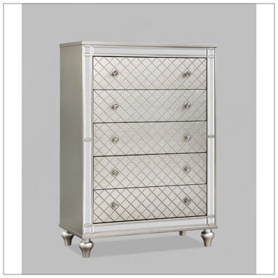 1Pc Glam 5-Drawer Bedroom Chest Diamond Patterned Drawer Fronts Silver Finish