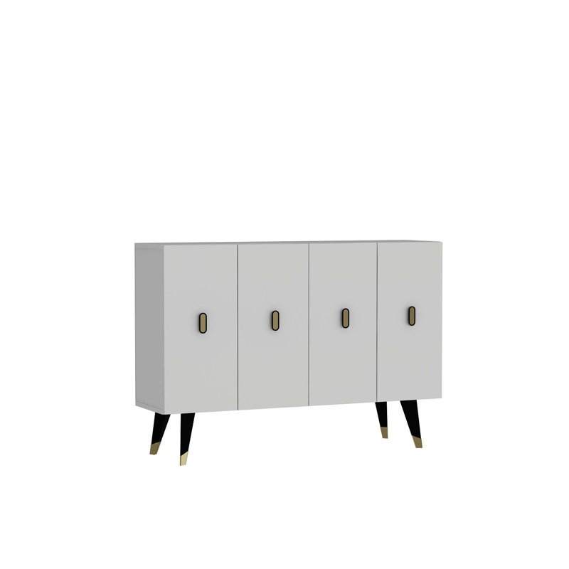 Console moderne avec tablettes, blanc et or, panneau de particules recouvert de mélamine à 100%, épaisseur: 0,7 pouce | Rangement mural élégant pour le salon et le vestibule, design élégant