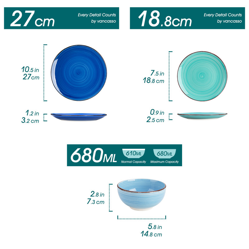 12 Piece Stoneware Dinnerware Set, Service for 4 , Blue/Teal