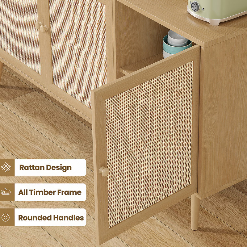Sideboard Buffet Cabinet With 3 Rattan Doors, Kitchen Storage Cabinet For Entryway Living Room, Natural