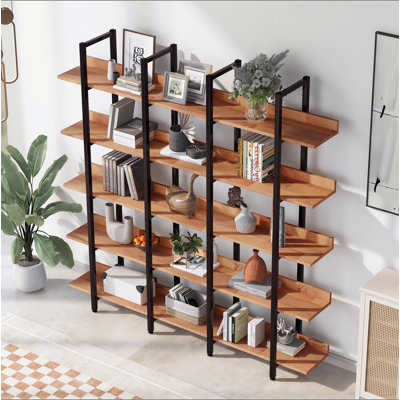5 Tier Bookcase Home Office Open Bookshelf, Vintage Industrial Style Shelf, MDF Board, Black Metal Frame