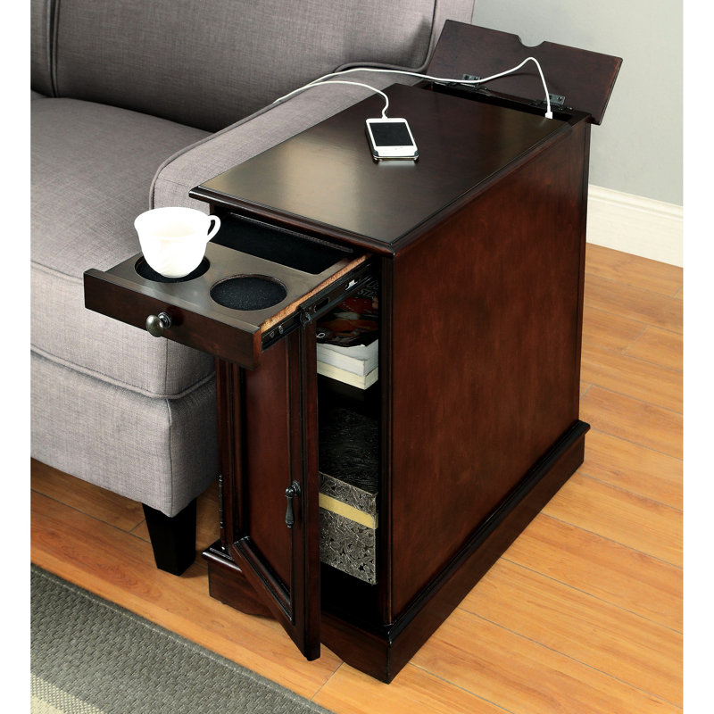 Rectangular Side Table With And Pull-Out Cup Holder Storage In Cherry Outlet Cabinet Transitional, Cherry