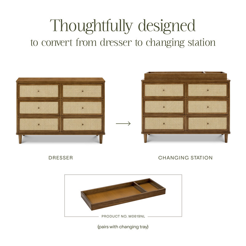 Marin with Cane 6 Drawer Dresser, Natural Walnut/ Blonde Cane