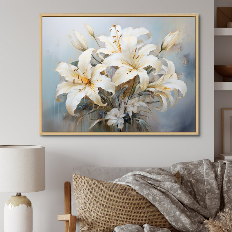 «Lilies Blossoms in Bloom», reproduction sur toile, Cadre naturel flottant, H 16 po x l 32 po x P 1 po
