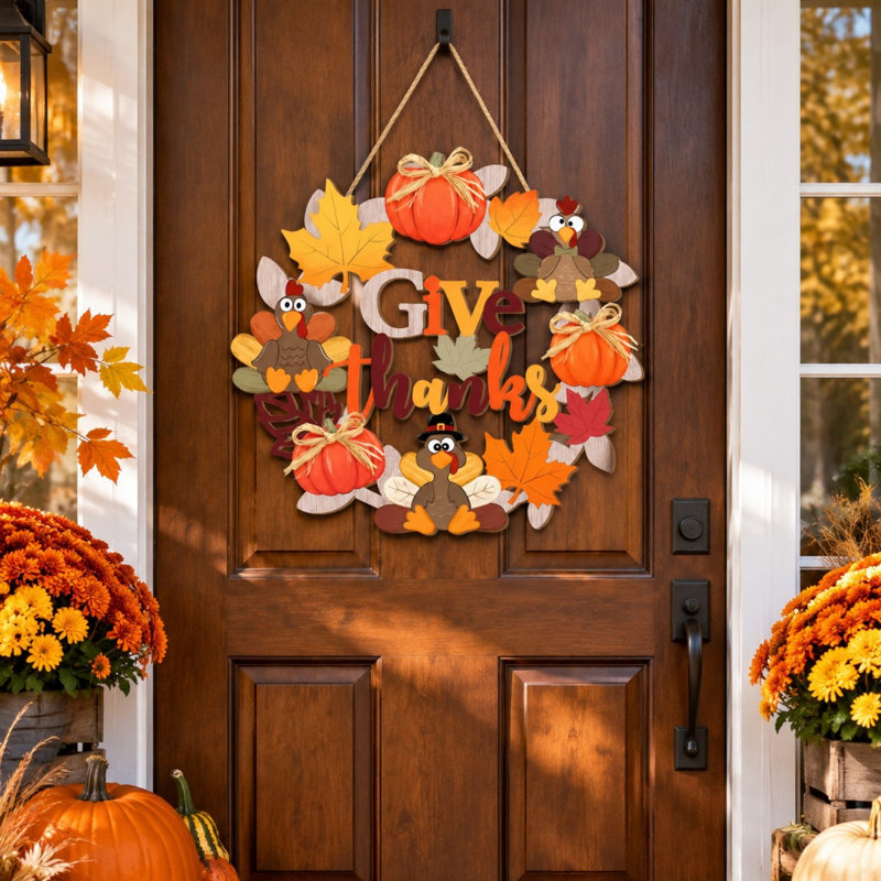 Panneau de porte en bois de dinde de l'Action de grâce, décoration de couronne d'automne «Thanks Thanks»