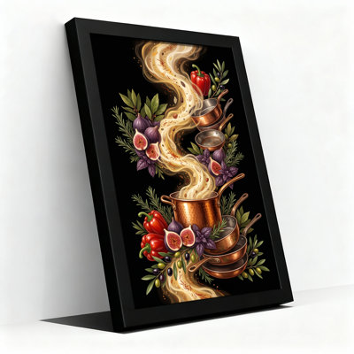 Copper Pots And Pans With Figs And Peppers On Black Canvas Wall Art