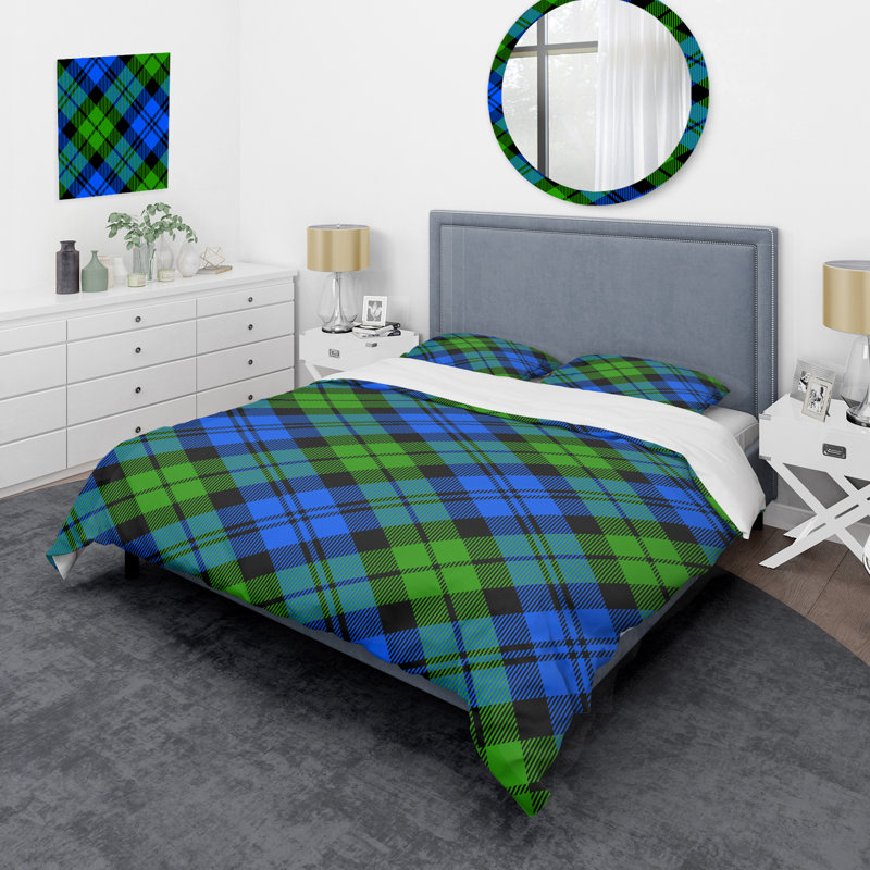 Tartan à carreaux vert et bleu - Ensemble de housse de couette abstrait - Microfibre de polyester