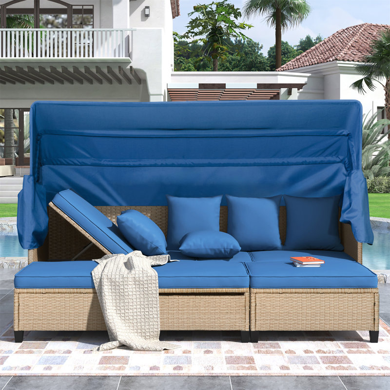 Ensemble de 4 canapés de patio en résine tressée résistante aux rayons UV avec auvent rétractable, Bleu