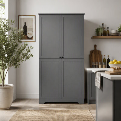 Freestanding 72-Inch H Kitchen Pantry Cabinet with 5 Drawers, 4 Pull-Out Trays, 8 Door Racks and Adjustable Shelves