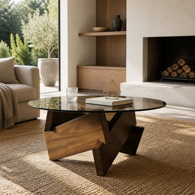Table basse moderne de style moderne Mid-Century avec plateau en verre trempé et bois, noyer