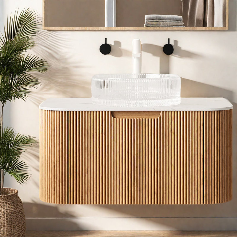 Meuble-lavabo mural moderne avec lavabo en verre et grand rangement