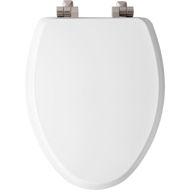 Mayfair by Bemis Benton Slow Close Elongated White Enameled Wood Toilet Seat, Brushed Nickel