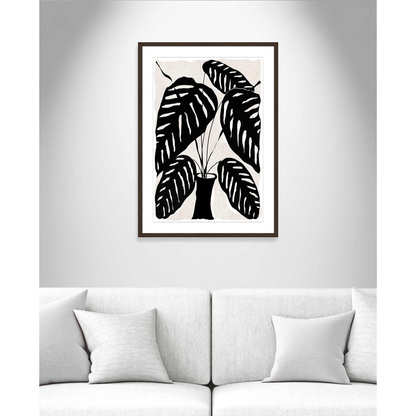 Black and White Potted Plant I Print, 35.5" H x 25.5" W x 0.75" D, Walnut Framed