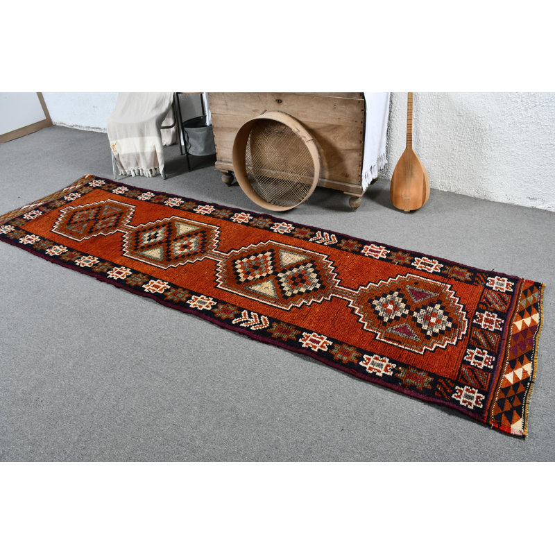 Tapis de style kilim turc rétro tissé à la main avec un motif géométrique d'inspiration bohémienne en bleu / orange