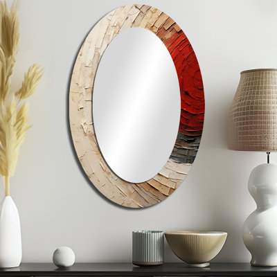Beige Red Spiral Poteries I - Abstract Oval Decorative Mirror On Metal