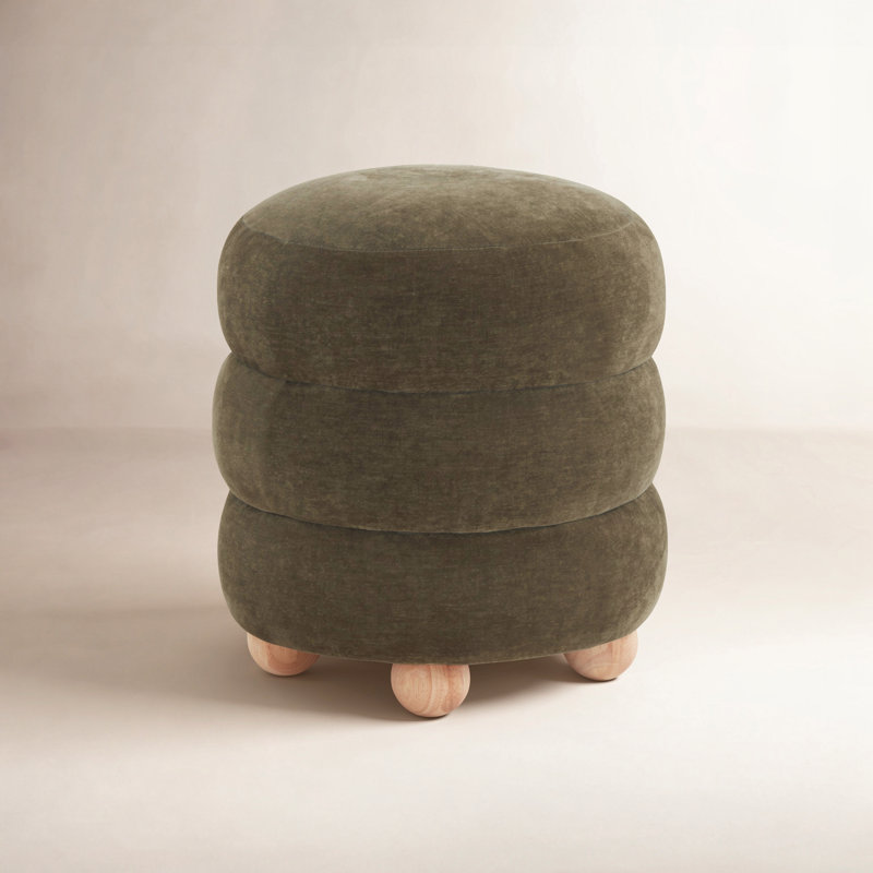 Dalisha 17" Round Ottoman, Natural, Dark Olive Green Velvet