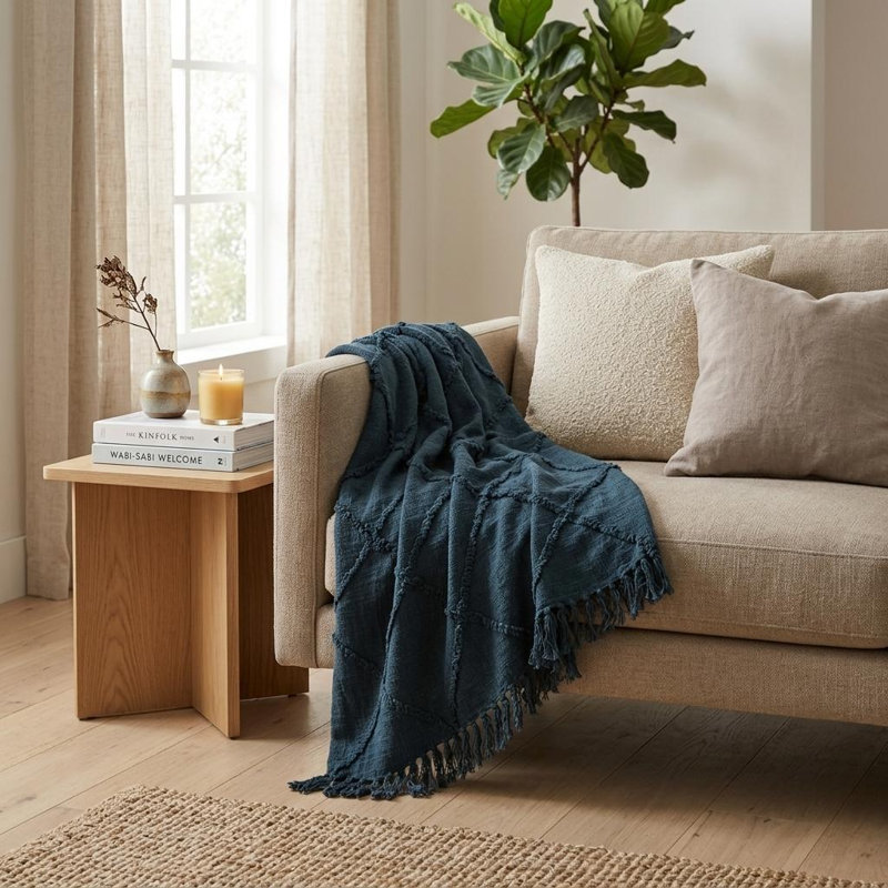 Jeté 100% coton tissé bleu sarcelle