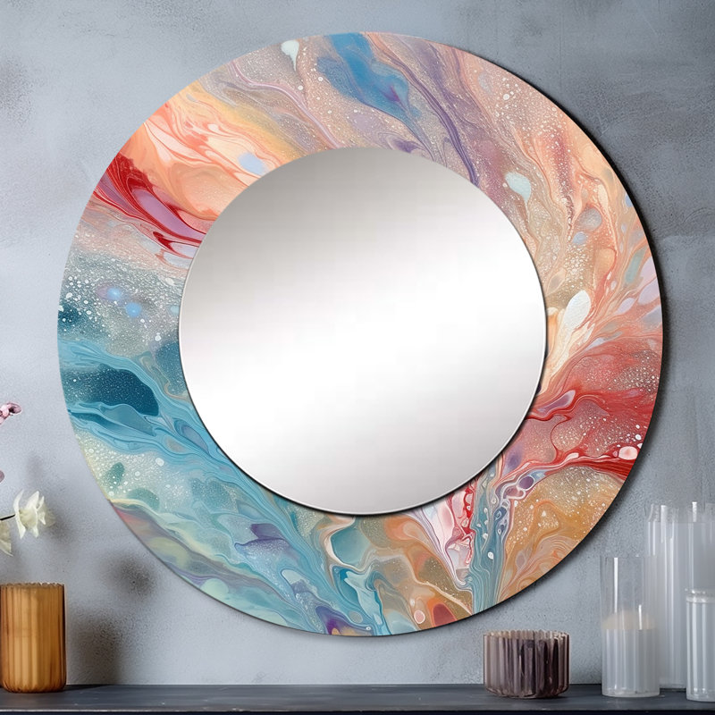 «Blue Pink Luminous Liquids I» - miroir décoratif abstrait, miroir mural rond moderne, impression d'art en métal