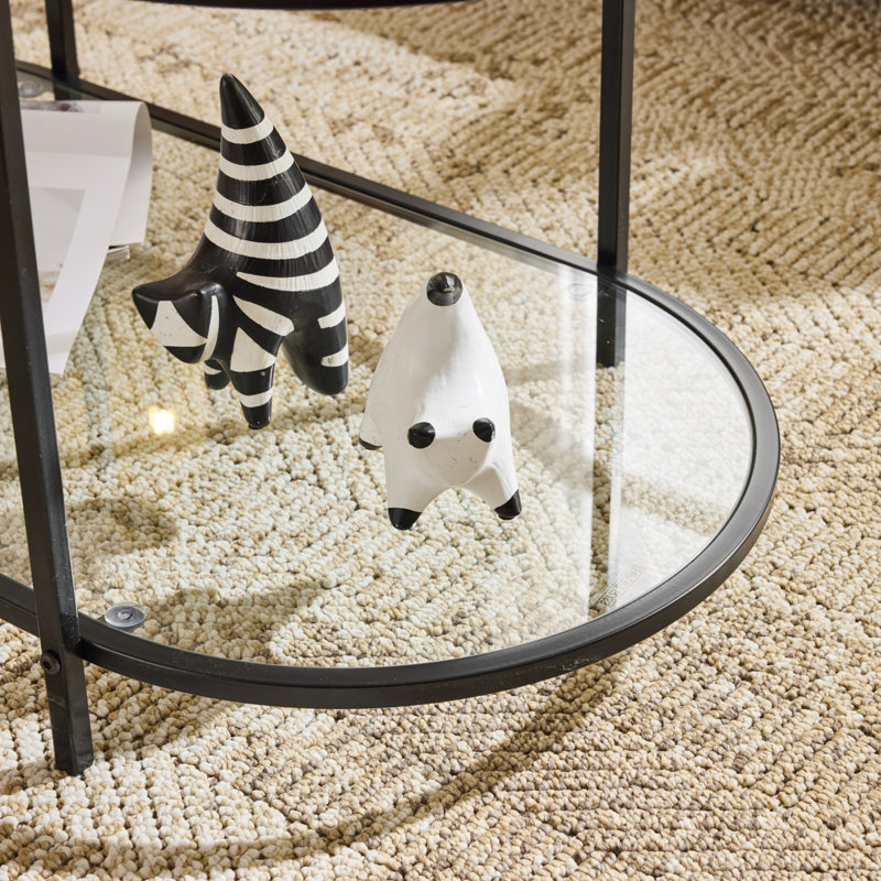 Oval Black Iron Frame Paired with Transparent Glass Double-layer Coffee Table, Black