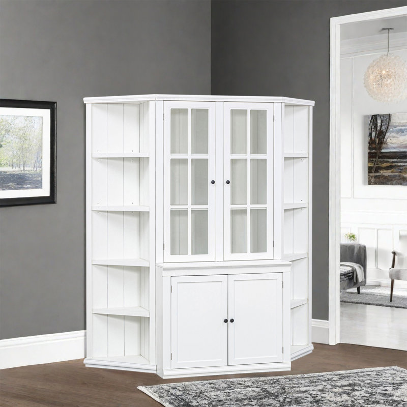 Vitrine blanche et deux tablettes triangulaires, combinaison murale de style rétro avec portes en verre, pour les couloirs, le salon, le bureau, le studio ou l'espace de travail