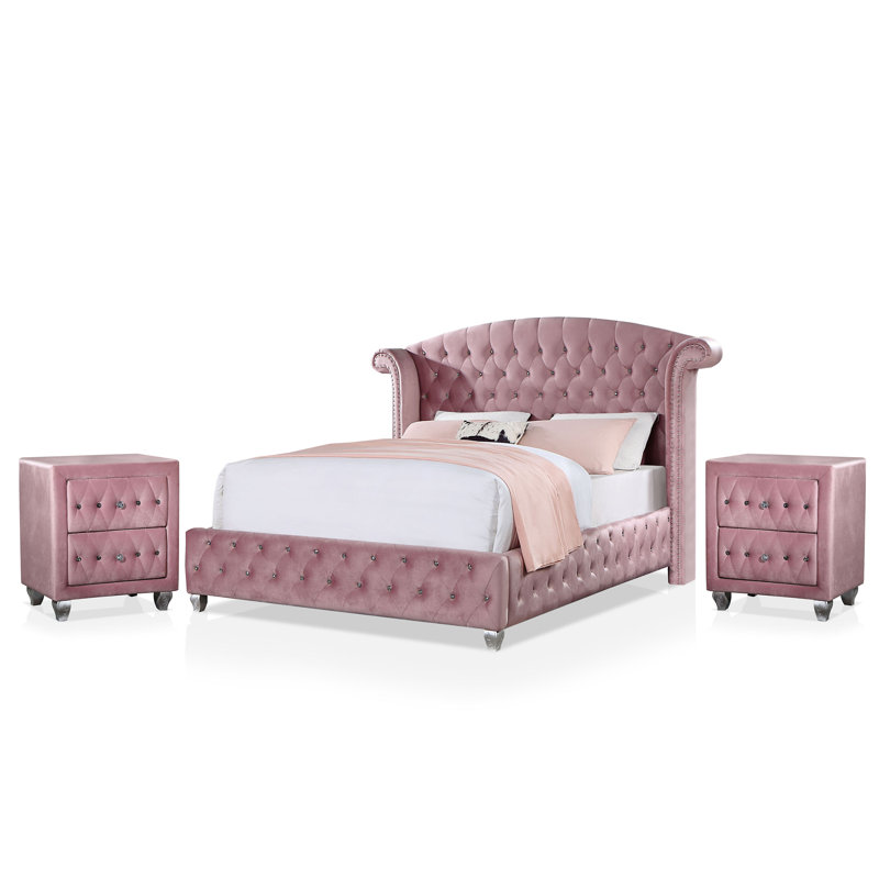 Waldschmidt Upholstered Standard Bedroom Set, Full, Pink, 3 Pcs: Bed, 2 Nightstands