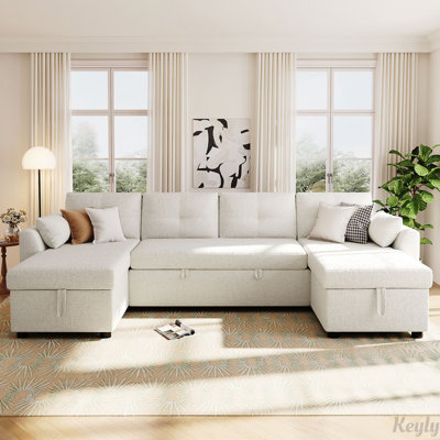 107" Modern U-Shaped Sectional Sleeper Sofa With Storage Chaise, USB Ports, And Pull-Out Bed, Teddy Fabric Sofa