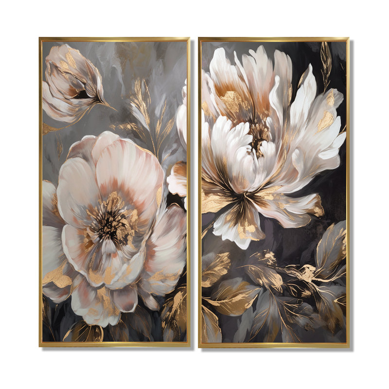 Pivoine blanche et grise en mouvement IV - décoration murale moderne, H 20 po x l 24 po, Doré
