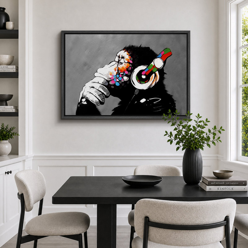 Pop Urban Street "Banksy Thinge Monkey With Head écouters, H 24 po x l 36 po, Reproduction avec cadre flottant, Noir