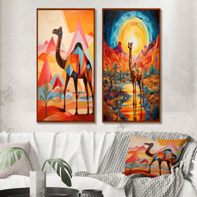 Chameau dans un paysage de désert du Sahara coloré I - ensemble d'art mural animal de chameau 2 pièces